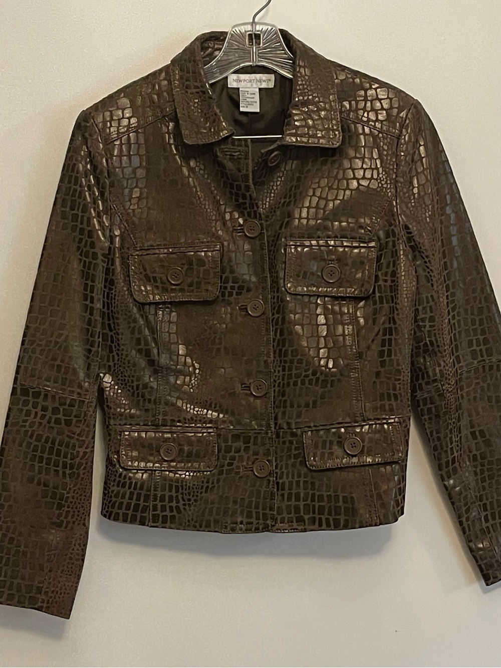 Newport News Brown Genuine Leather Croc Embossed Vintage Jacket sz 10 - Picture 3 of 12